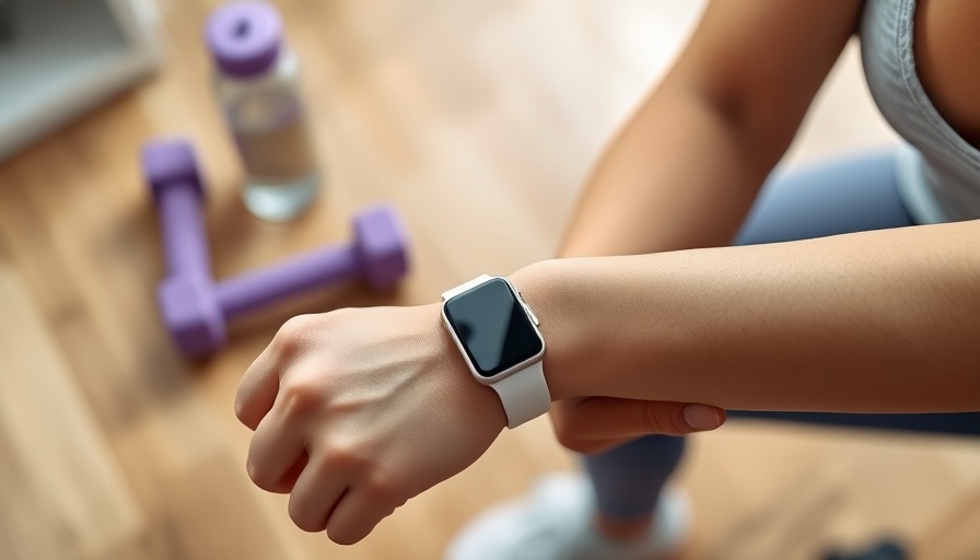 Close-up of a woman's hands adjusting a smartwatch with exercise equipment in the background, highlighting time management skills for local business owners.