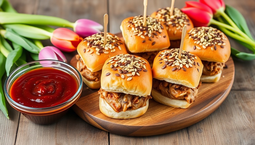 Rhubarb BBQ pulled chicken sliders with tulips on wooden platter.