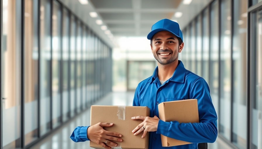 Cheerful delivery worker holding packages, related to buying a FedEx route.