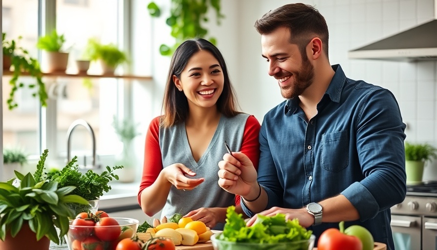 Joyful couple making salad in bright kitchen; foods that lower cholesterol naturally.