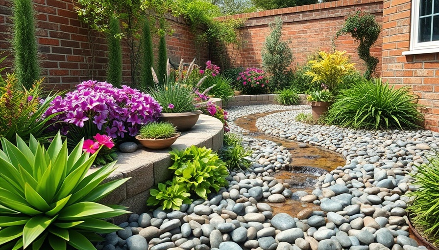 Beautiful garden with effective garden drainage using pebbles and lush plants.
