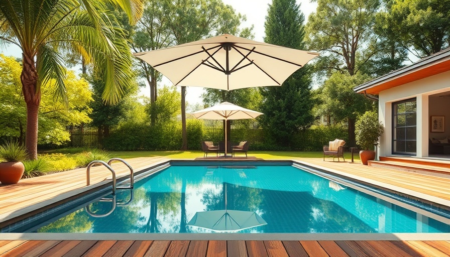 Outdoor pool area with WPC composite decking, patio furniture.