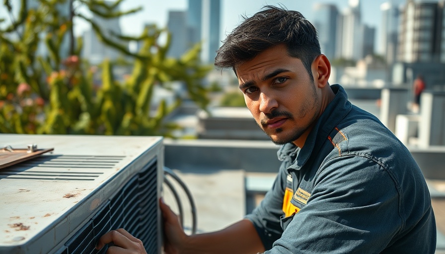 Technician performing seasonal HVAC maintenance on a rooftop unit.