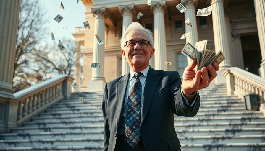 Elderly man giving money to family on steps, Bank of Mom and Dad phenomenon.
