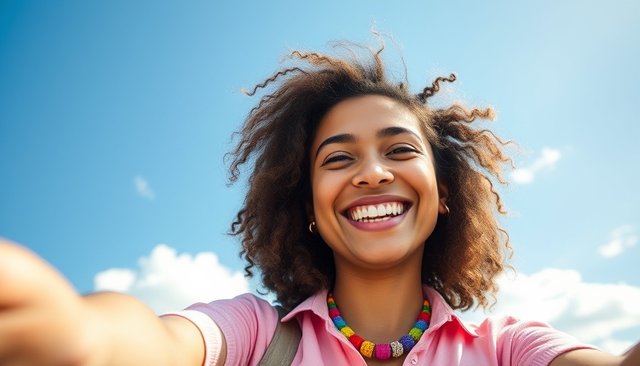 Young woman taking a selfie, promoting user-generated content for local businesses.