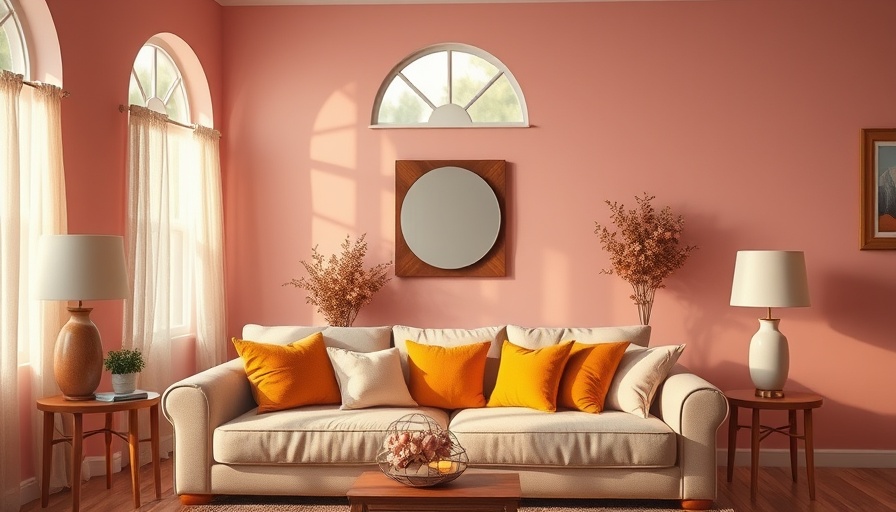 Elegant living room with pink walls and lamps for lighting a room with no overhead lighting.