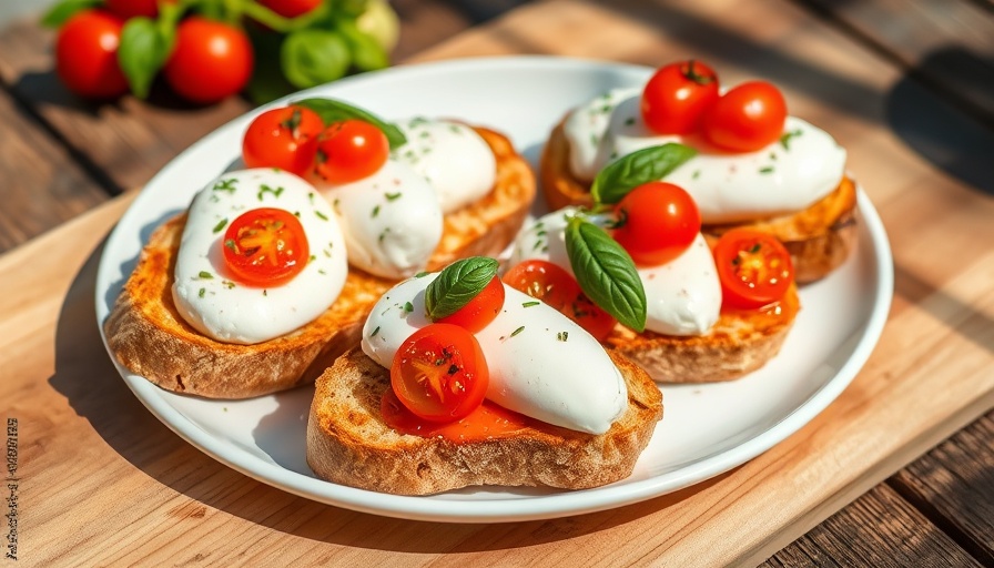 Buffalo mozzarella toasts with tomatoes and basil on a white plate.