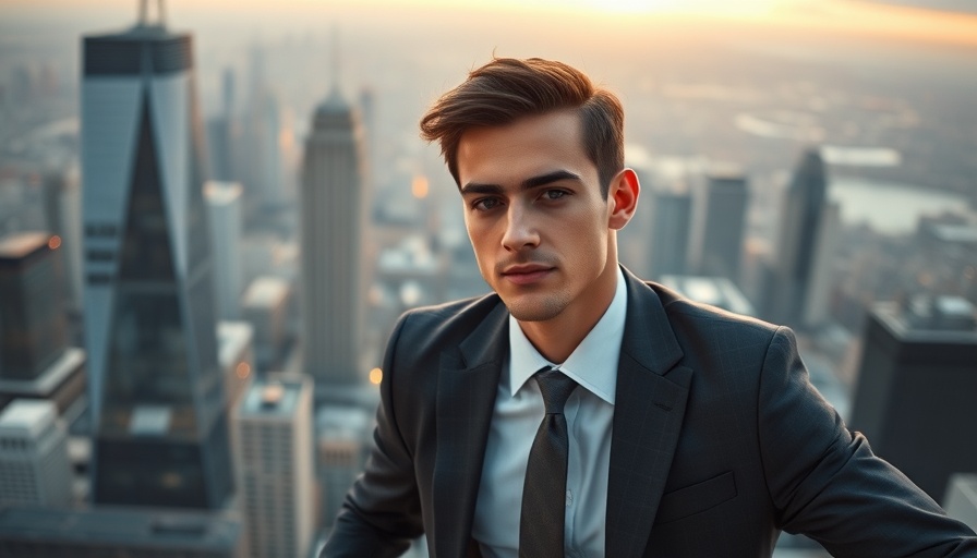 Confident man in suit descending ladder against city skyline.