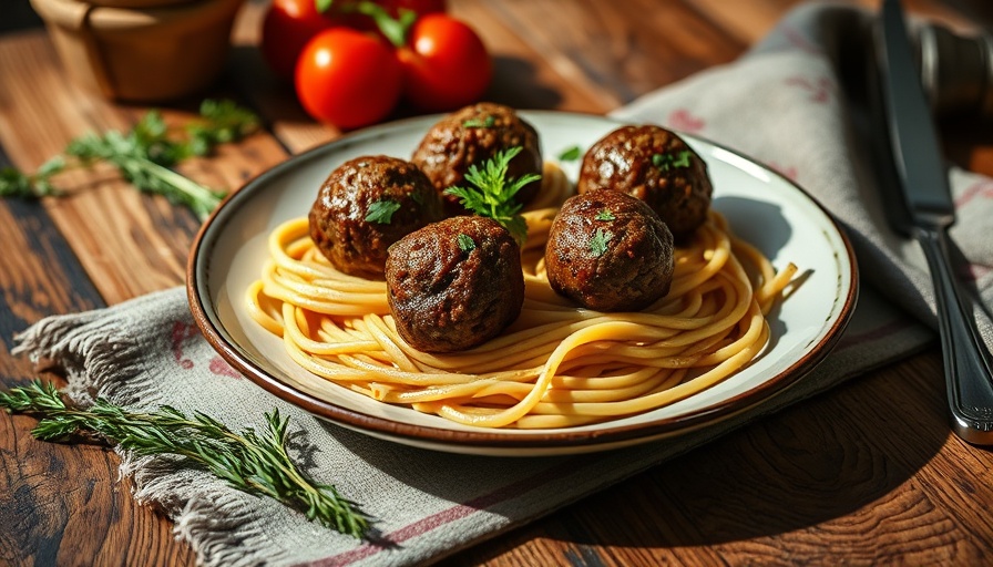 Italian sheet-pan bison meatballs on spaghetti with herbs on rustic table.