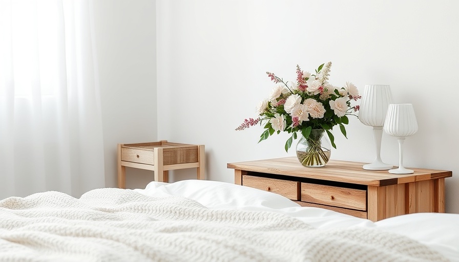 Minimalist bedroom setup for summer with flowers on nightstand.