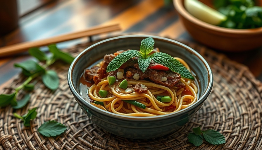 Thai Bison and Vegetable Noodle Bowls on woven mat, fresh mint.