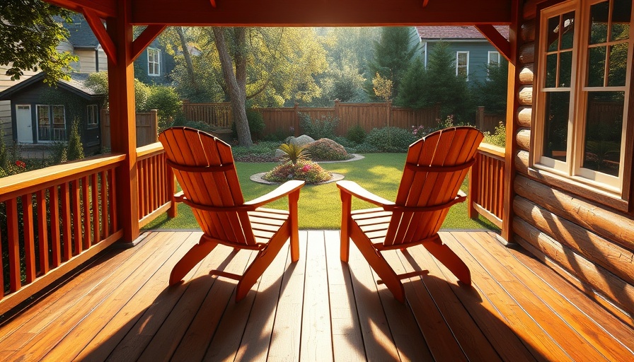Sunlit wooden deck with chairs in garden setting.