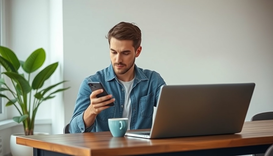 Man pondering over phone message in home office.