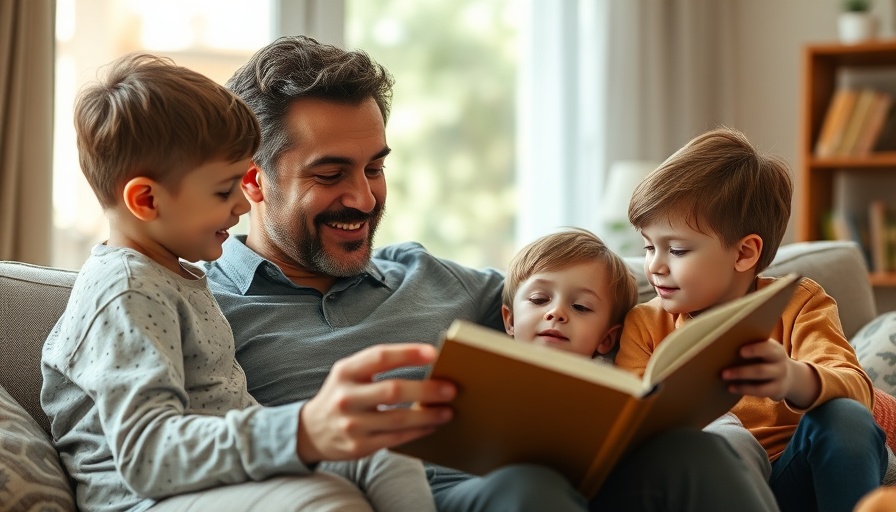Stay-at-home dad reading with kids, cozy and happy family moment.