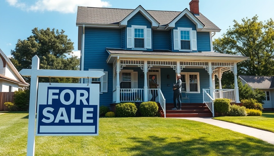 Charming blue house with 'For Sale' sign and people discussing outside.