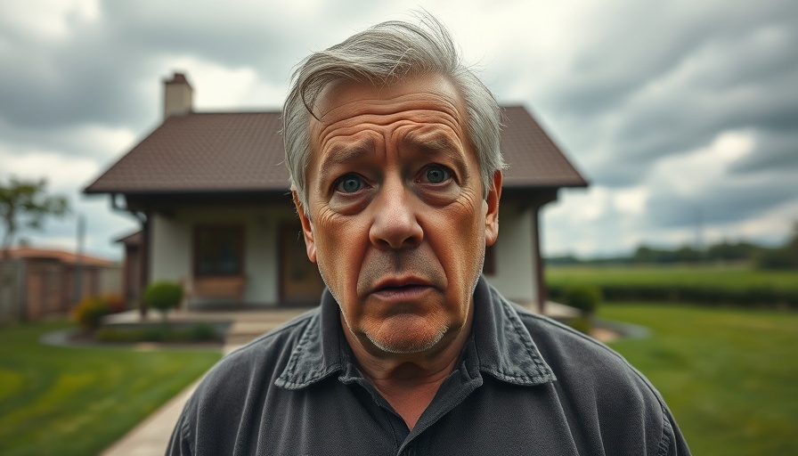 Anxious man experiencing fear in real estate decisions outside a house.