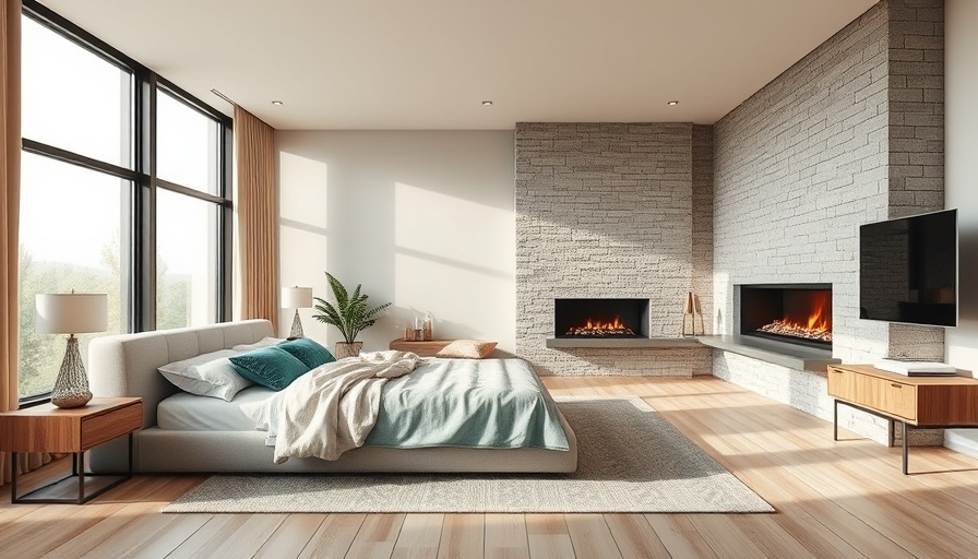 Modern home designs bedroom with fireplace and teal decor.