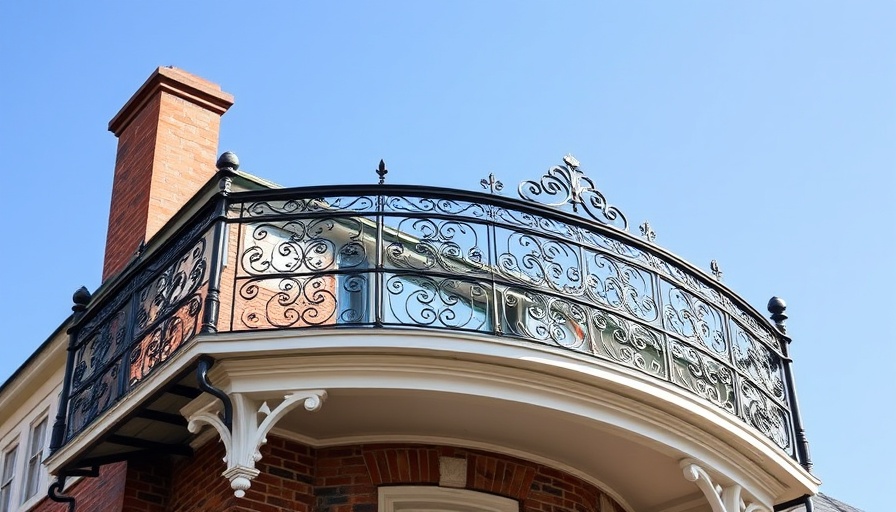 Ornate widow's walk on historic Maryland house, blue sky background.