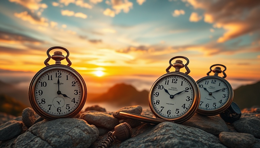 Antique pocket watches at sunset symbolize thinking in two timelines to build greater wealth.