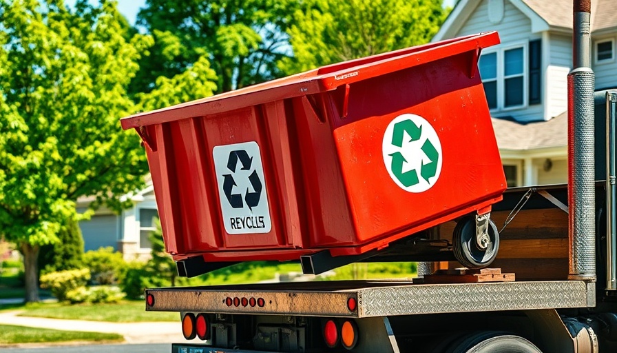 Red dumpster loaded on truck by full-service bin rental providers, suburban area.