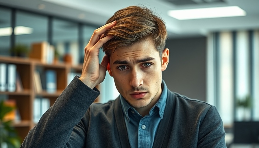 Concerned young man holding head in office setting