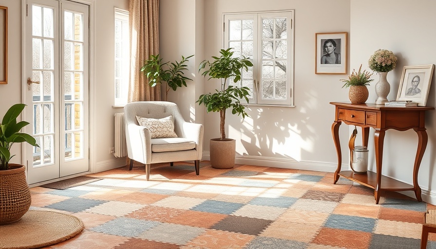 Budget-friendly flooring upgrades with colorful patchwork carpet tiles in living room.