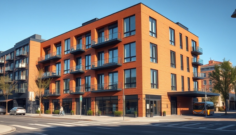 Contemporary apartment building on city street corner.