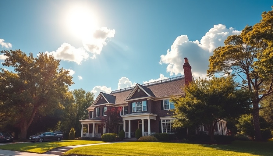 Charming suburban house under a blue sky with lush greenery surrounding it.