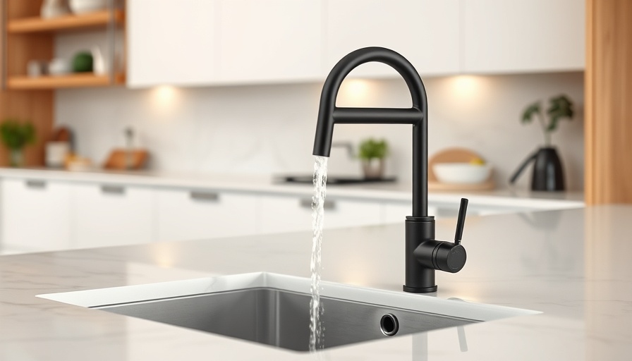 Modern kitchen sink with black faucet for safe drinking water.