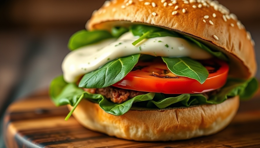 Gourmet BBQ fusion burger with spinach and tomato on a sesame bun.