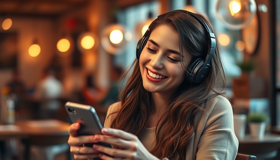 Woman enjoying trending sounds on Instagram with headphones in a cafe.