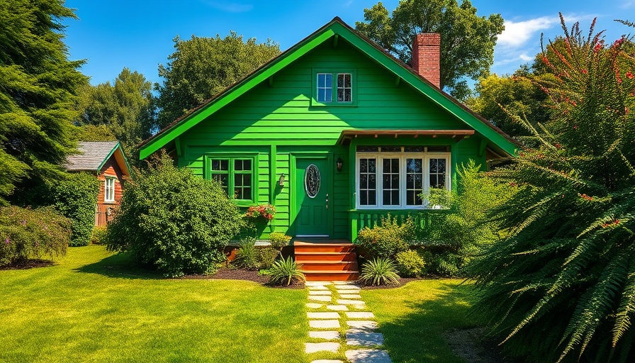 Charming green house with lush garden pathway.
