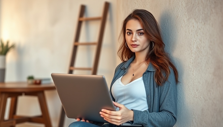 Stylish woman holding laptop in serene interior, essential tools for business success.