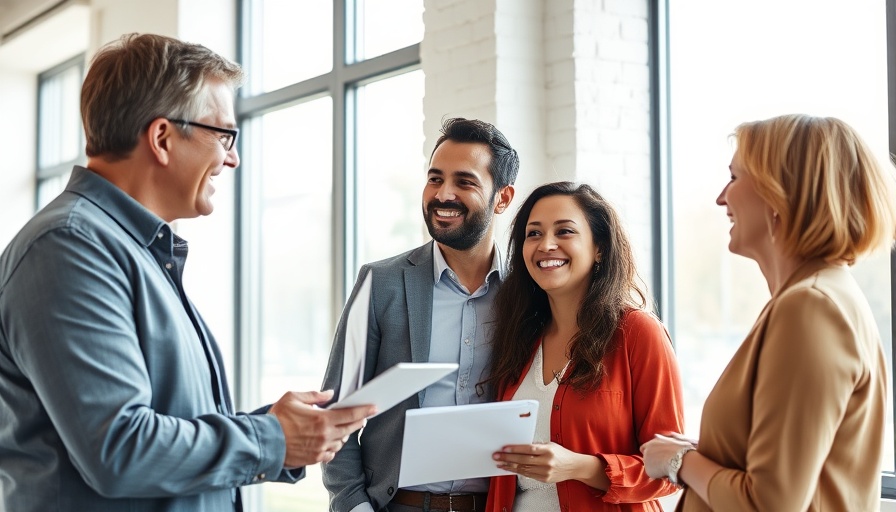 Happy couple consulting about mortgage options in a bright office.