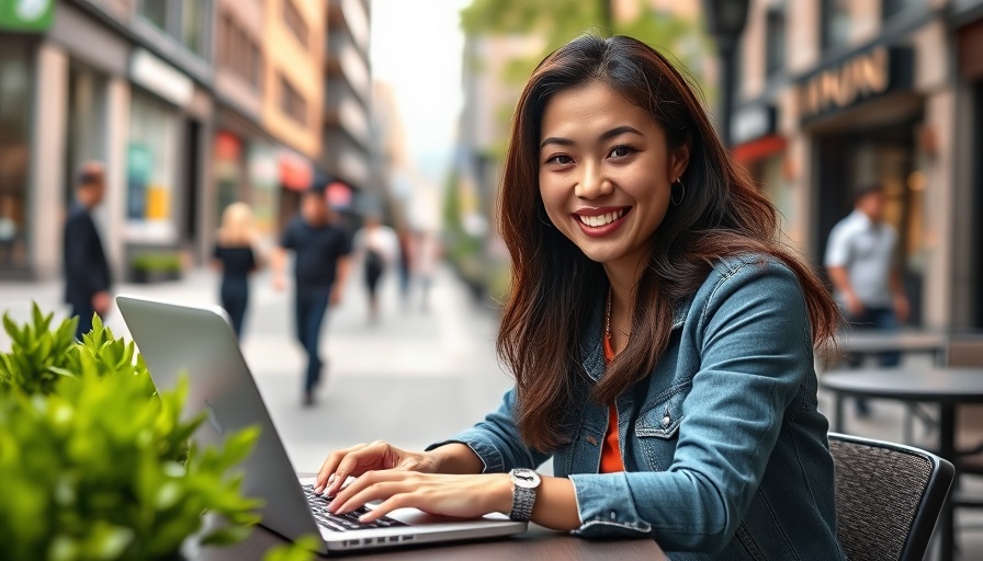Confident woman using laptop outdoors, essential tech tools for small business success.
