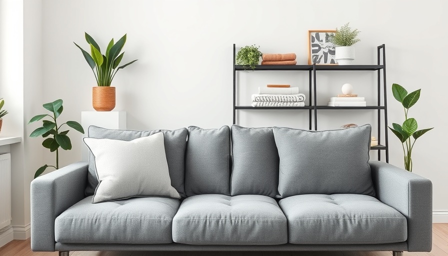 Modern minimalist living room, gray couch with home quote pillow, stylish decor.