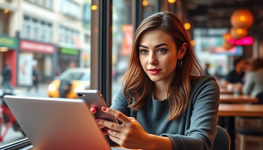 Woman engaging with technology in a cafe, reflecting a no-pressure social media system for local business owners.