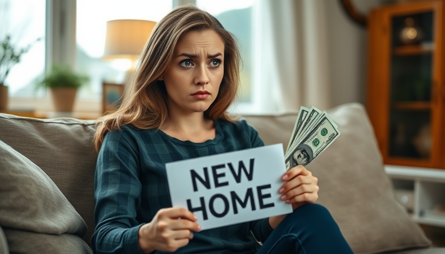 Young woman holding cash and new home sign, pondering home purchase