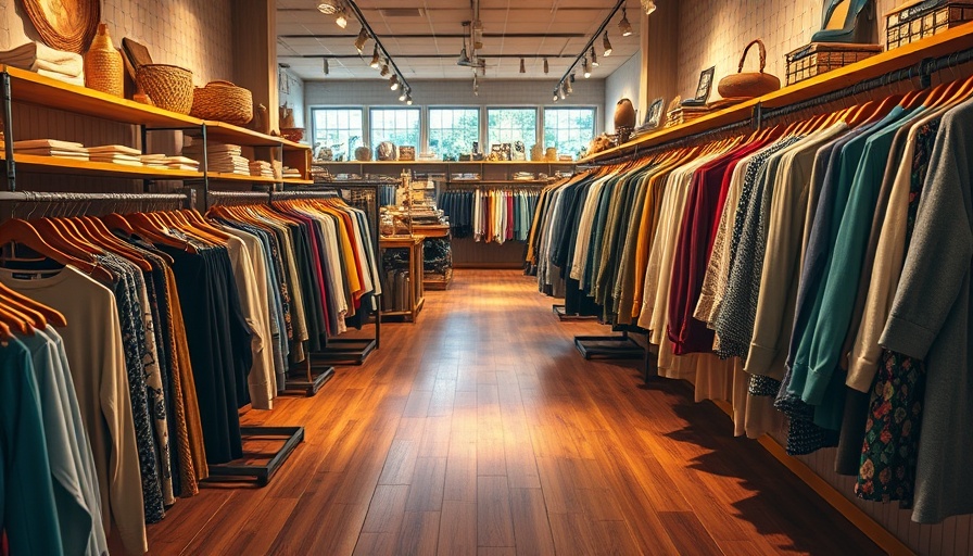 Cozy retail store with mindful spending choices theme, featuring wooden floors and neatly arranged clothes.