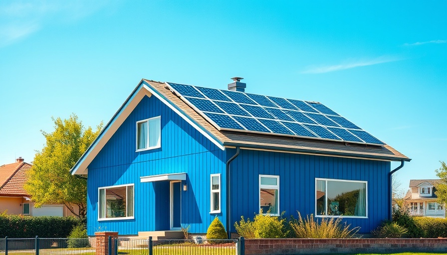 Modern house with solar panels on the roof in sunny setting.