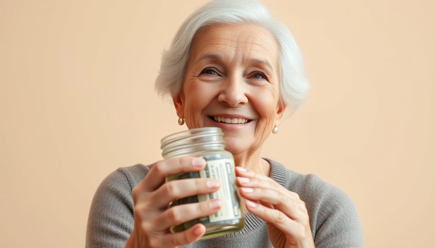Elderly woman smiling while holding money jar, financial security concept.