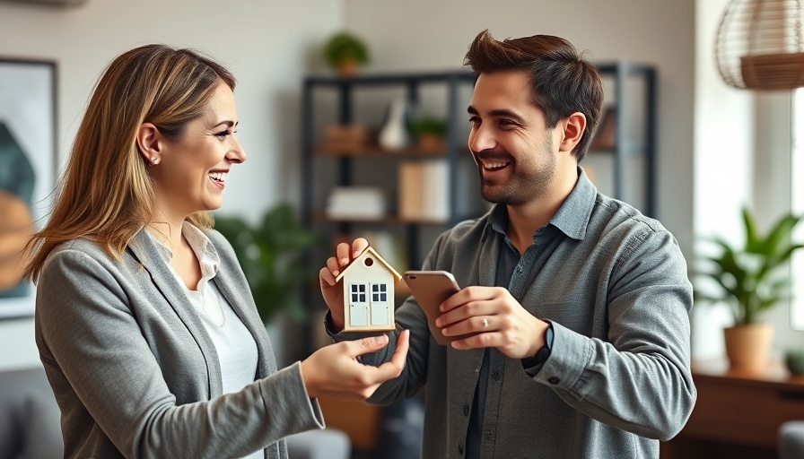 Smiling couple discussing home purchase in an office setting.