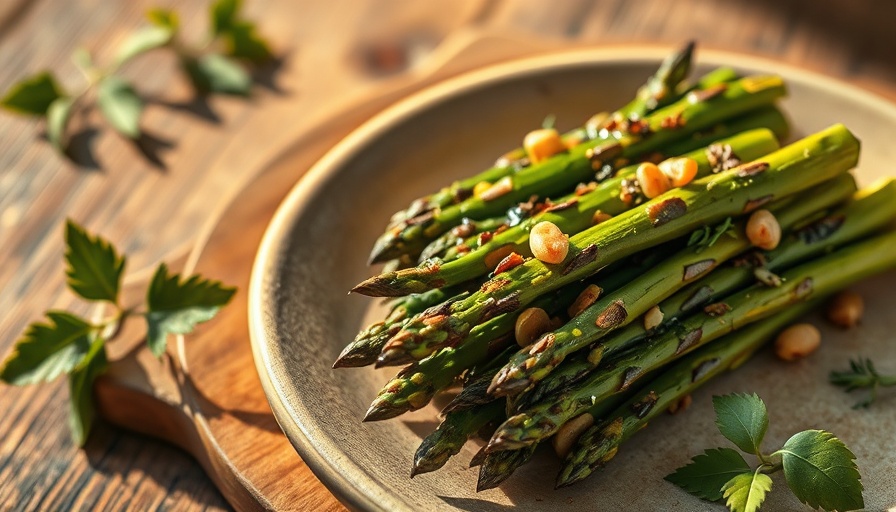 Fire-grilled wild asparagus on rustic board with sunlight.
