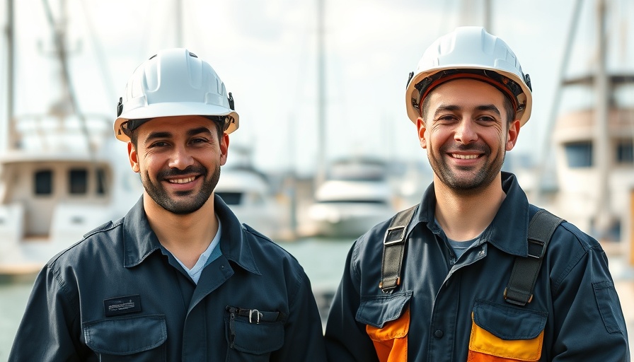 Workers in uniforms at a marina for brand image enhancement
