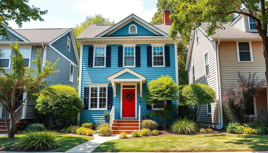 Charming blue rent-to-own home with a red door in a suburban area.