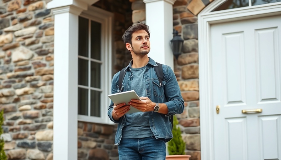 Homebuyer using a tablet for appraisal contingency in front of house.
