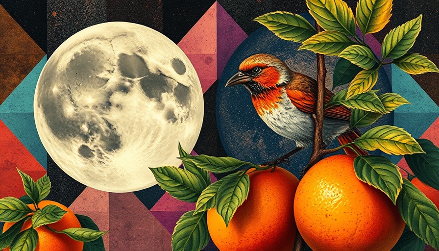 Surreal collage of moon, birds, and oranges showcasing seasonal productivity.