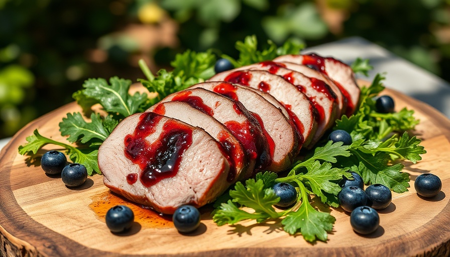 Wild Ginger and Blueberry Glazed Duck Breast with mixed greens on a wooden board.