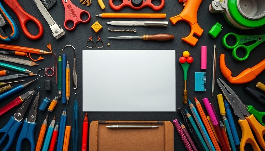 Assorted tools on dark surface for social media marketing tools.