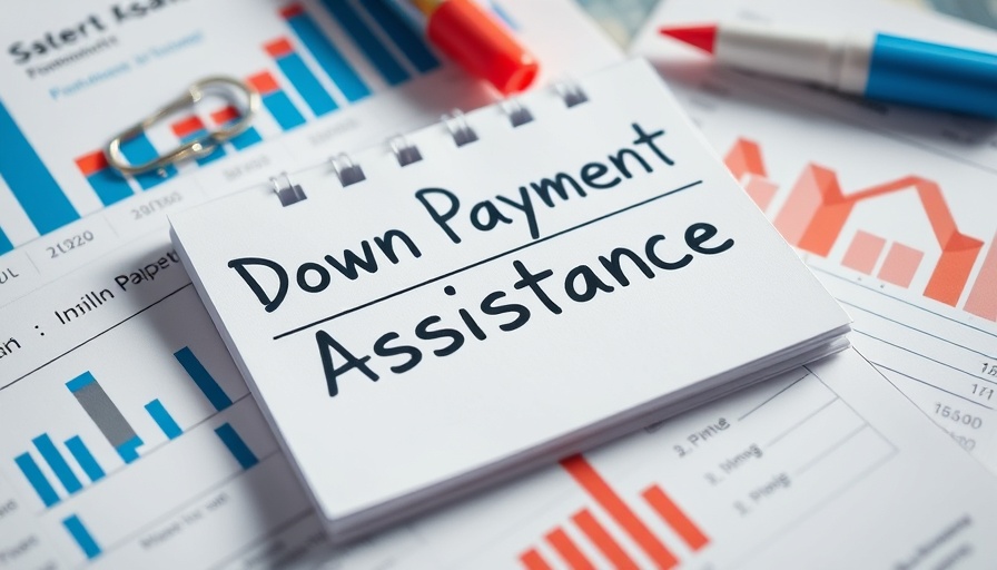 Notepad with 'Down Payment Assistance' on financial documents, charts depicting loan for a down payment.